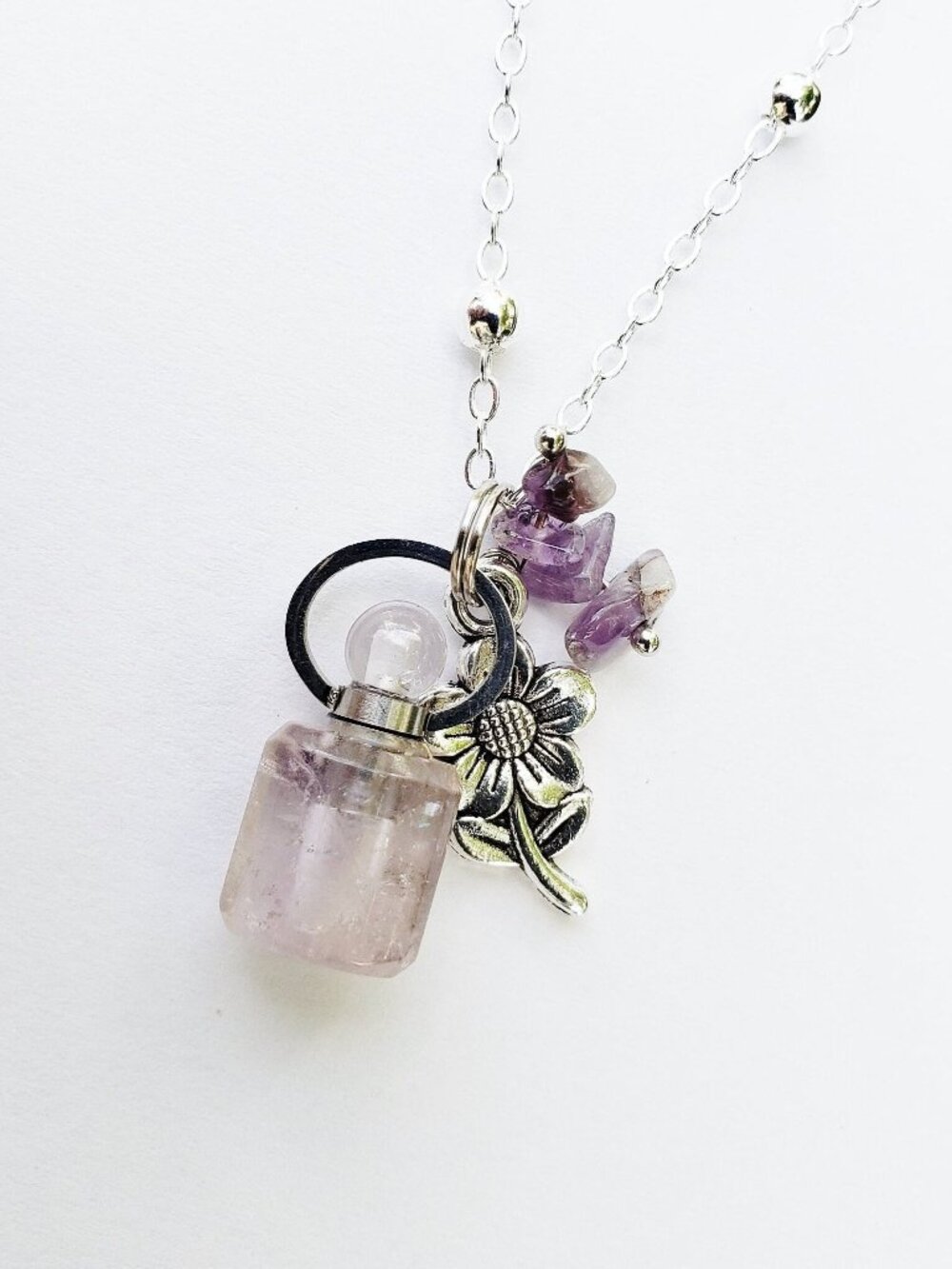 Amethyst Quartz Crystal Vial Essential Oil Perfume Bottle Necklace Flower Purple
